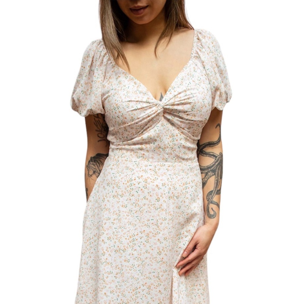 Calista | Cream Floral Sweetheart Short Sleeve Euro Summer Sundress Size S